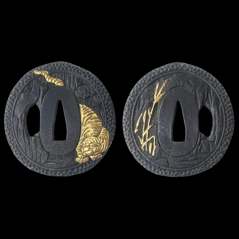 Blackened Copper Tsuba with Tiger and Dragon Motif Design | KatanaSwordArt Tsuba For Sale