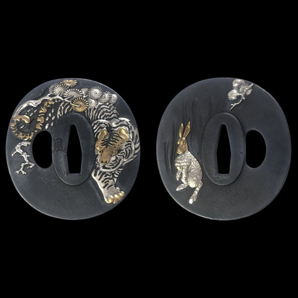 Blackened Copper Tsuba with Tiger and Rabbit Design | KatanaSwordArt Tsuba For Sale