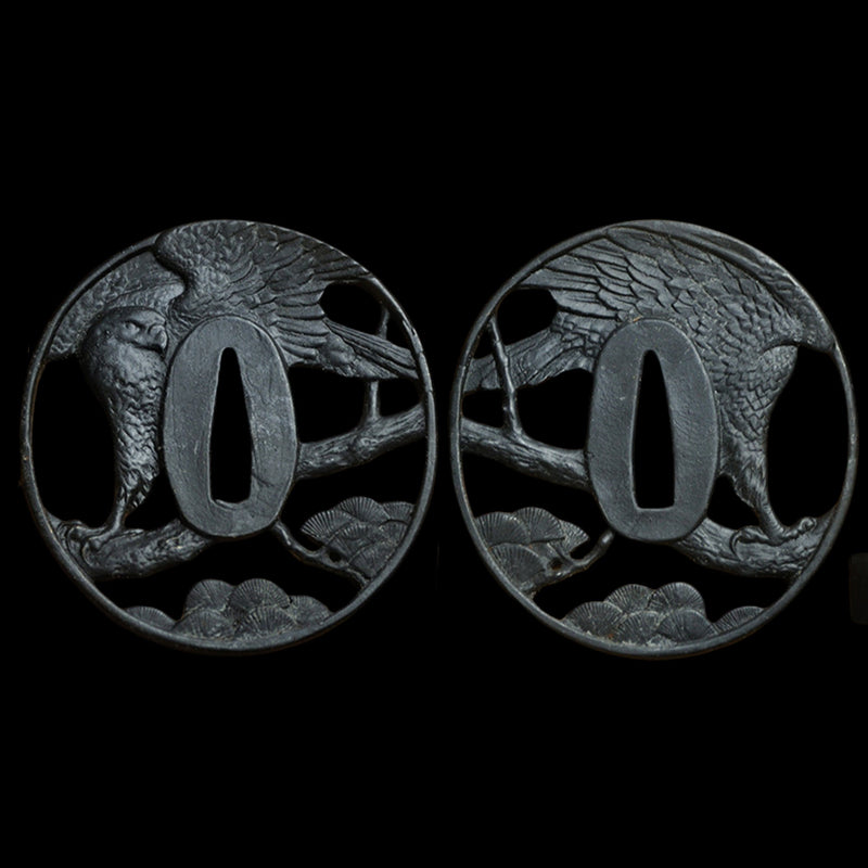 Blackened Steel Tsuba with Eagle and Pine Tree Cutout Engraving | KatanaSwordArt Tsuba For Sale