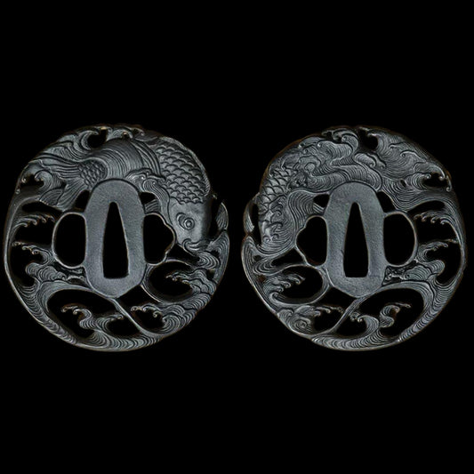 Blackened Steel Tsuba with Fish and Wave Cutout Engraving | KatanaSwordArt Tsuba For Sale 2025