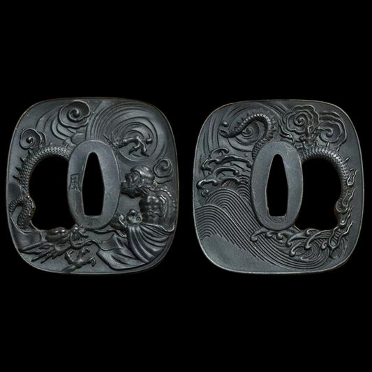 Blackened Steel Tsuba with Monk and Dragon Engraving | KatanaSwordArt Tsuba For Sale 2025