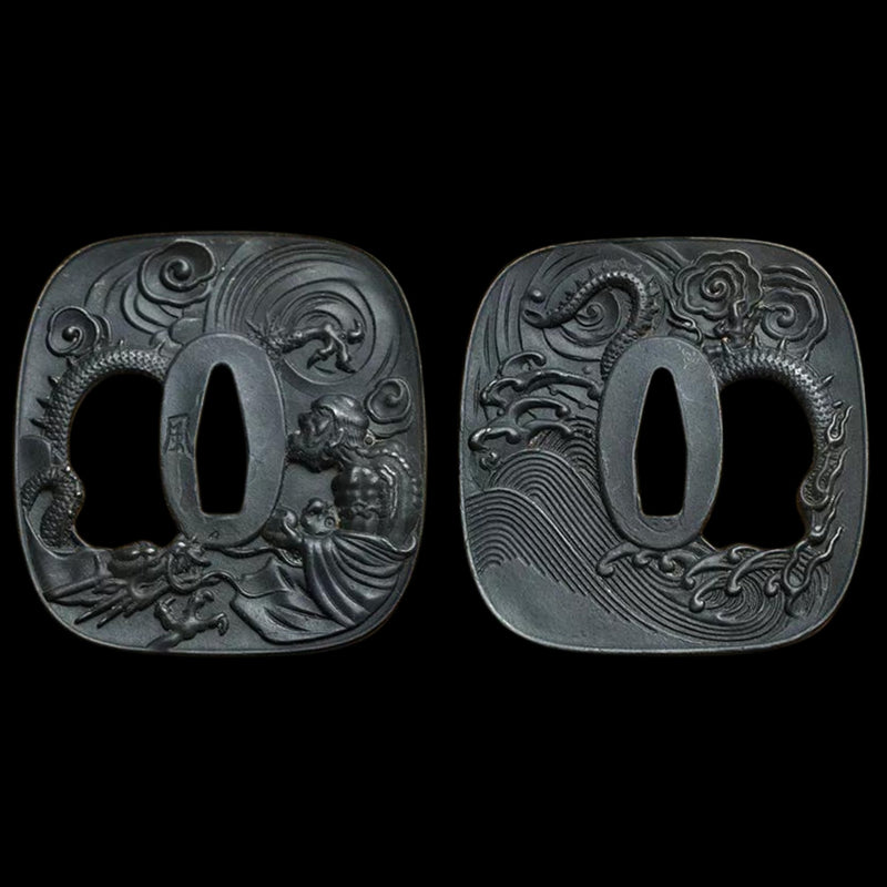 Blackened Steel Tsuba with Monk and Dragon Engraving | KatanaSwordArt Tsuba For Sale