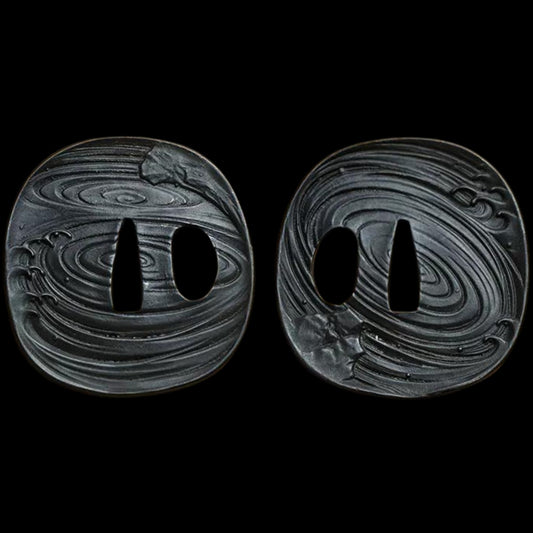 Blackened Steel Tsuba with Swirling Water Pattern Design | KatanaSwordArt Tsuba For Sale 2025