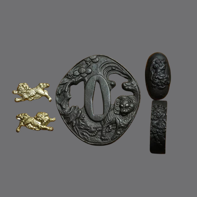 Blackened Steel Tsuba with Tiger and Deer Cutout Engraving | KatanaSwordArt Tsuba For Sale