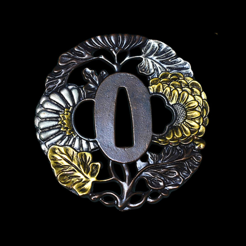 Brass Tsuba with Chrysanthemum Motif | KatanaSwordArt Tsuba For Sale