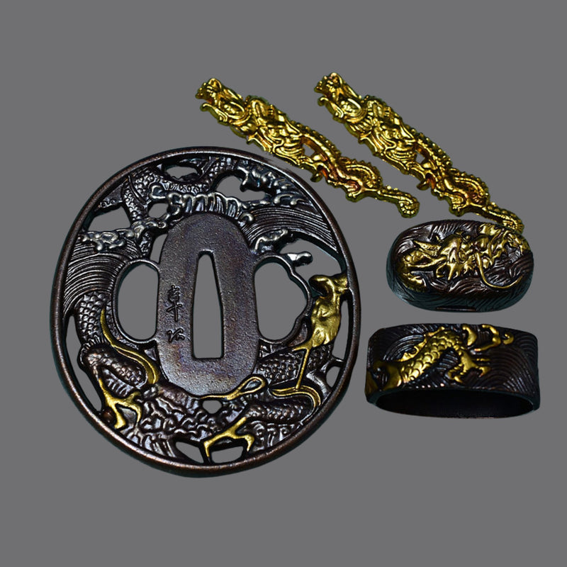 Brass Tsuba with Dragon in the Sea | KatanaSwordArt Tsuba For Sale