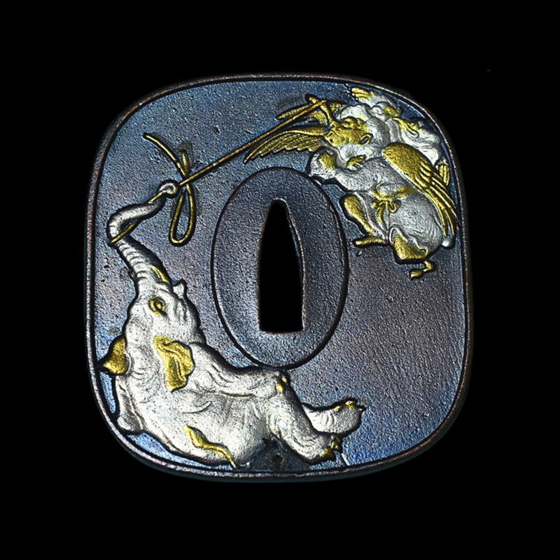 Brass Tsuba with Elephant and Tengu | KatanaSwordArt Tsuba For Sale