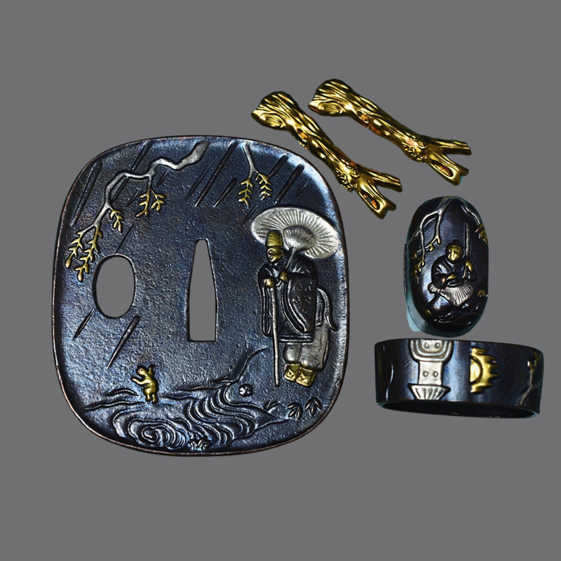 Brass Tsuba with Nobleman in the Rain | KatanaSwordArt Tsuba For Sale