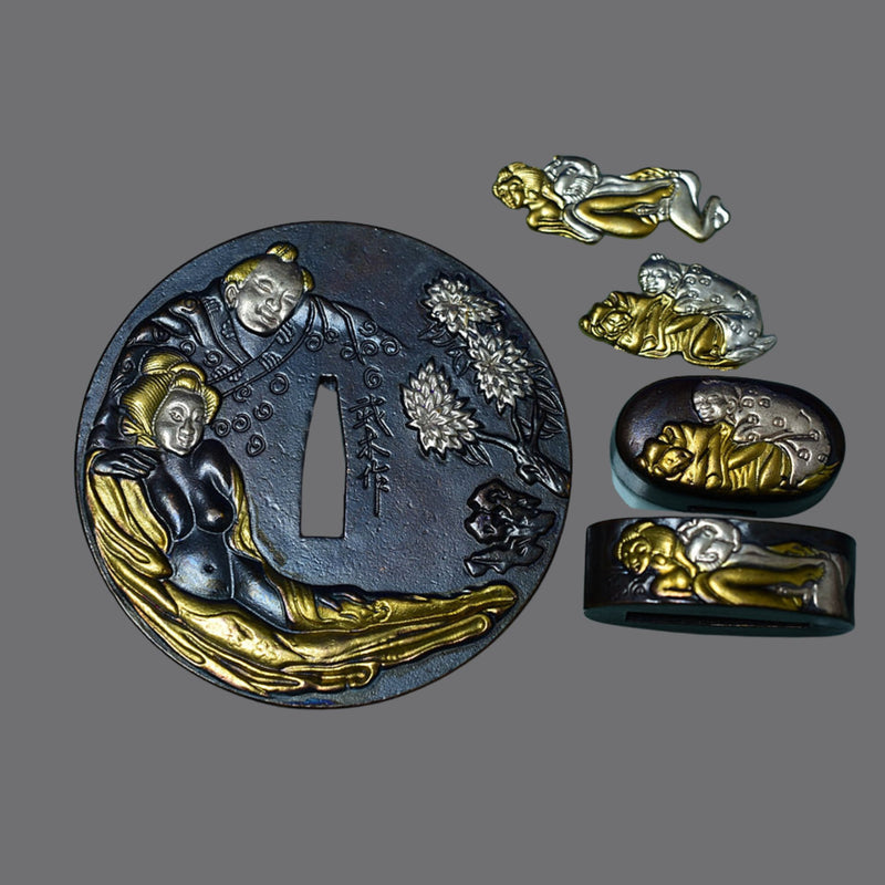 Brass Tsuba with Ukiyo - e Style Figures | KatanaSwordArt Tsuba For Sale