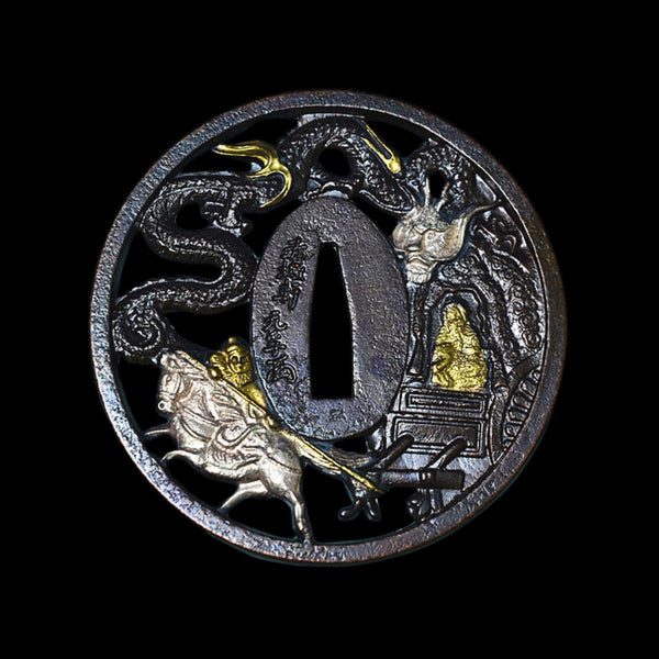 Brass Tsuba with Warrior God and Dragon | KatanaSwordArt Tsuba For Sale