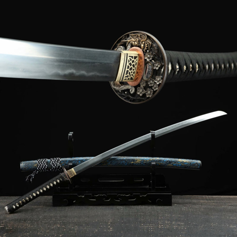 Katana Azure Dragon Blue Flame Damascus Folded Blade 藍龍 | KatanaSwordArt Katana For Sale