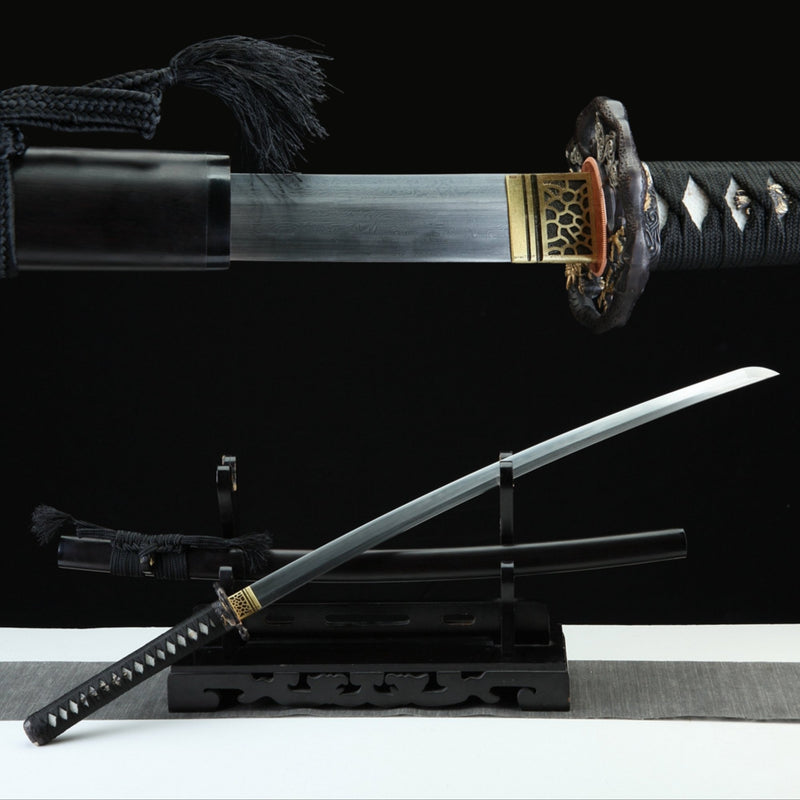 Katana Cloud Dragon Damascus Folded Clay Tempered Ebony Saya 耀龍 | KatanaSwordArt Katana For Sale