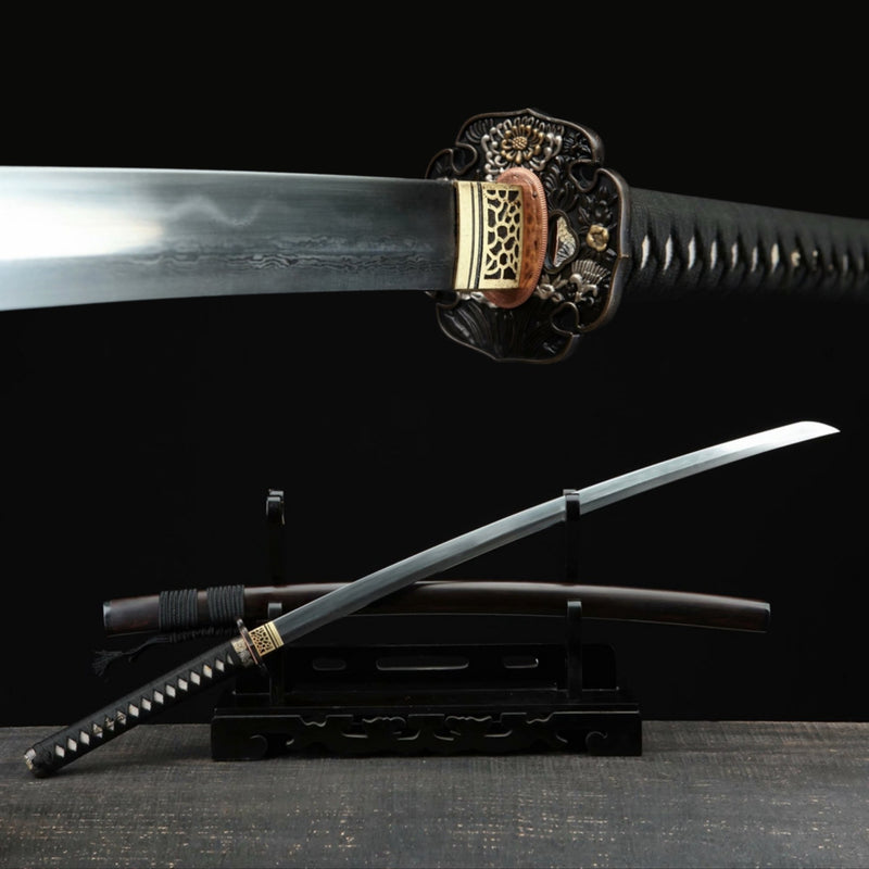 Katana Daisy Damascus Folded Clay Tempered Ebony Saya 菊花 | KatanaSwordArt Katana For Sale