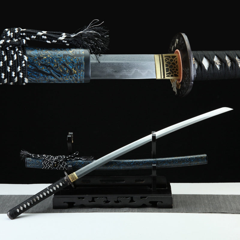 Katana Fish Splash Blue Flame Damascus Steel Clay Tempered 藍龍門 | KatanaSwordArt Katana For Sale