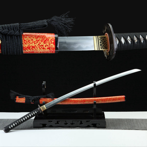 Katana Fish Splash Flame Grain Damascus Steel Clay Tempered 紅龍門 | KatanaSwordArt Katana For Sale