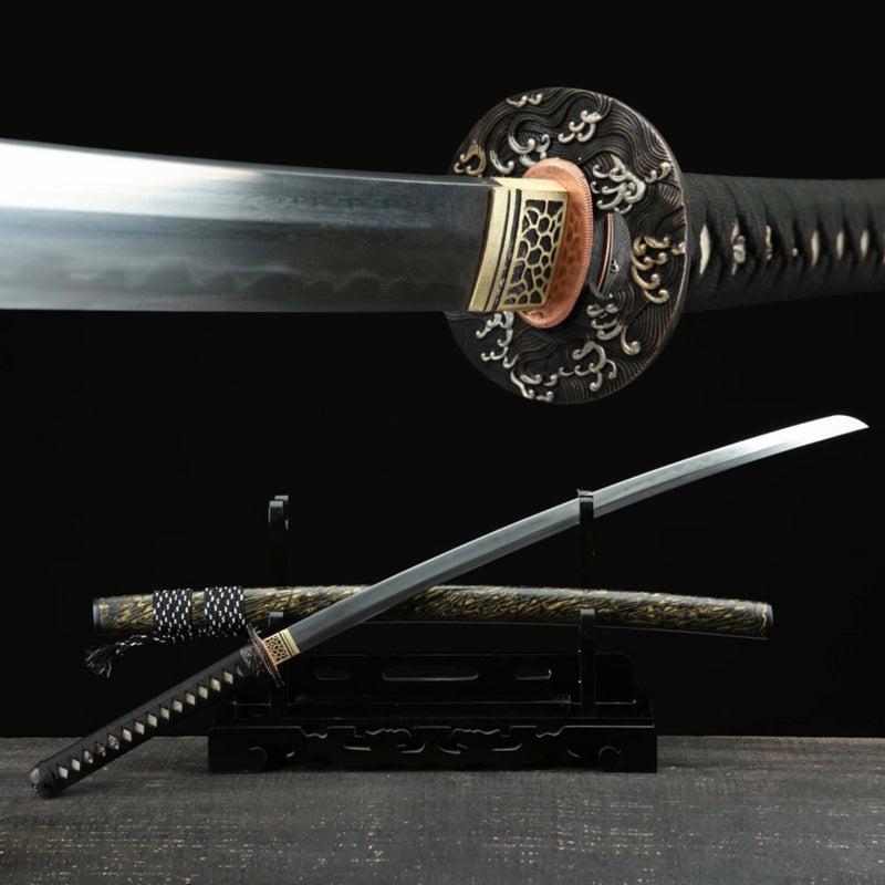 Katana Great Wave Yellow Flame Damascus Folded Blade 黃浪 | KatanaSwordArt Katana For Sale