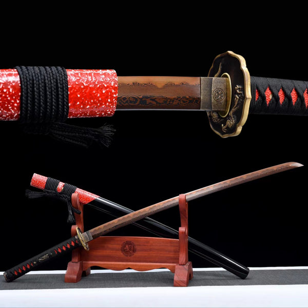 Katana Lianyu Damascus Steel Clay Tempered Dark Red Blade 獄龍 | KatanaSwordArt Katana For Sale