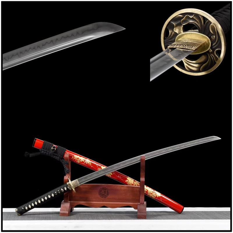 Katana Maple Leaves T10 Clay Tempered Red Saya 紅楓葉 | KatanaSwordArt Katana For Sale