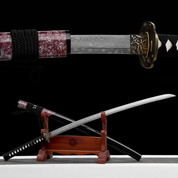 Katana Peony Damascus Folded Steel Black Saya 牡丹 | KatanaSwordArt Katana For Sale