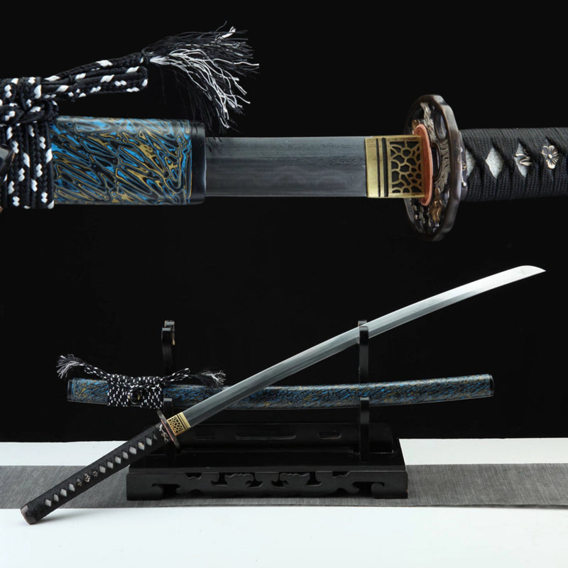 Katana Plum Blossom Blue Flame Damascus Folded Blade 藍梅 | KatanaSwordArt Katana For Sale