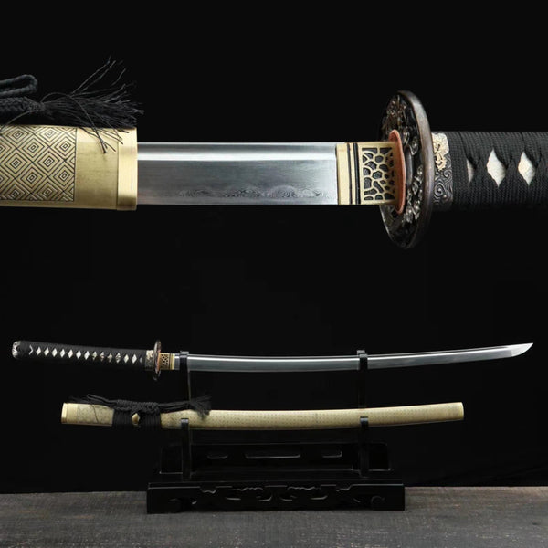 Katana Qinglong Damascus Folded Clay Tempered Yellow Saya 箐龍 | KatanaSwordArt Katana For Sale