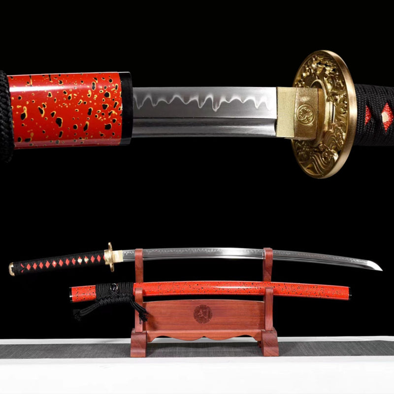 Katana Red Damask T10 Clay Tempered Red Saya 紅綾 | KatanaSwordArt Katana For Sale