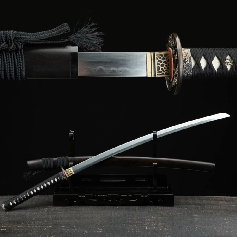 Katana Rozan Dragon Damascus Folded Clay Tempered Ebony Saya 青龍 | KatanaSwordArt Katana For Sale