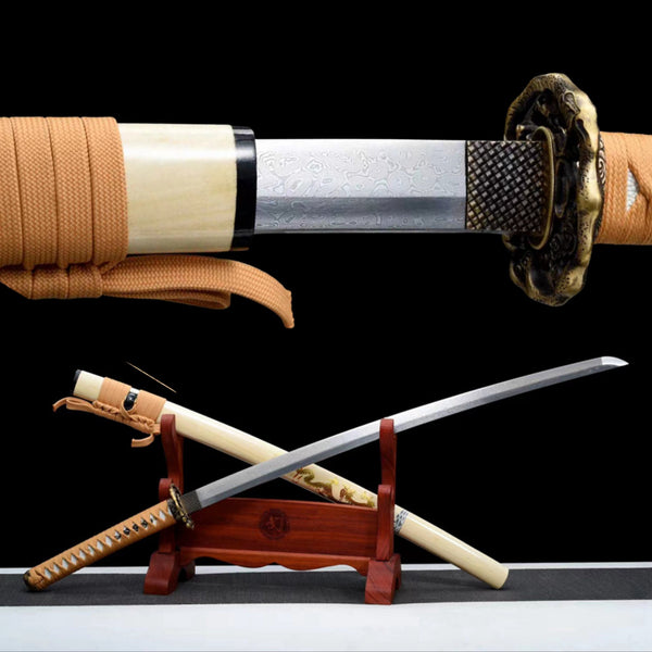 Katana Shenlong Damascus Folded Wood Saya 神龍 | KatanaSwordArt Katana For Sale