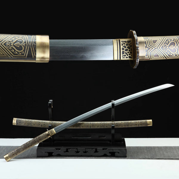 Katana Taoxin Damascus Steel Clay Tempered Brass Saya 桃心 | KatanaSwordArt Katana For Sale