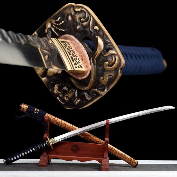 Katana Tianhuang Damascus Folded Steel Hammer Pattern Orrange Saya 天荒 | KatanaSwordArt Katana For Sale