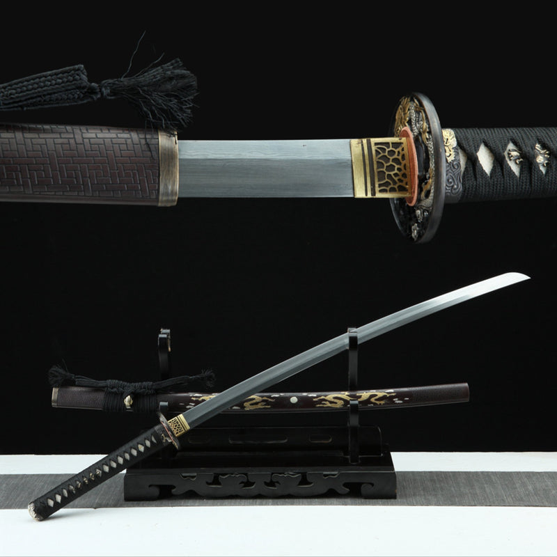 Katana Two Dragons Damascus Folded Clay Tempered Totem Saya 雙龍珠 | KatanaSwordArt Katana For Sale