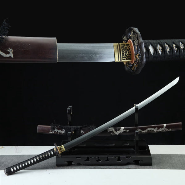 Katana White Dragon Damascus Folded Clay Tempered Brass Saya 白龍 | KatanaSwordArt Katana For Sale