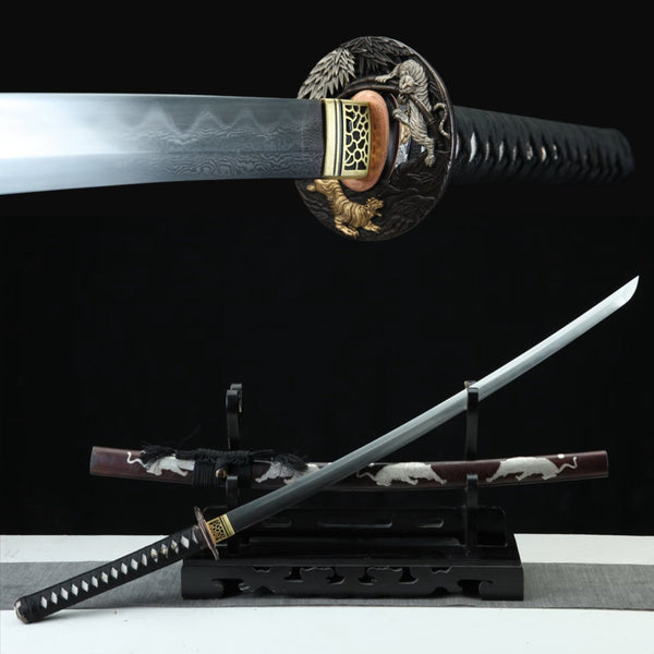 Katana White Tiger Damascus Folded Clay Tempered Brass Saya 白虎 | KatanaSwordArt Katana For Sale