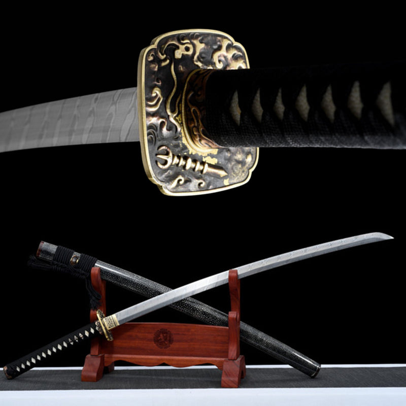 Katana Yeluocha Damascus Folded Black Saya 夜羅刹 | KatanaSwordArt Katana For Sale