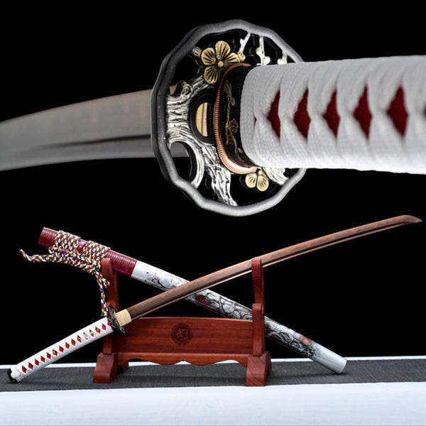 Katana Yingxue Damascus Folded Clay Tempered Red Blade 映雪 | KatanaSwordArt Katana For Sale