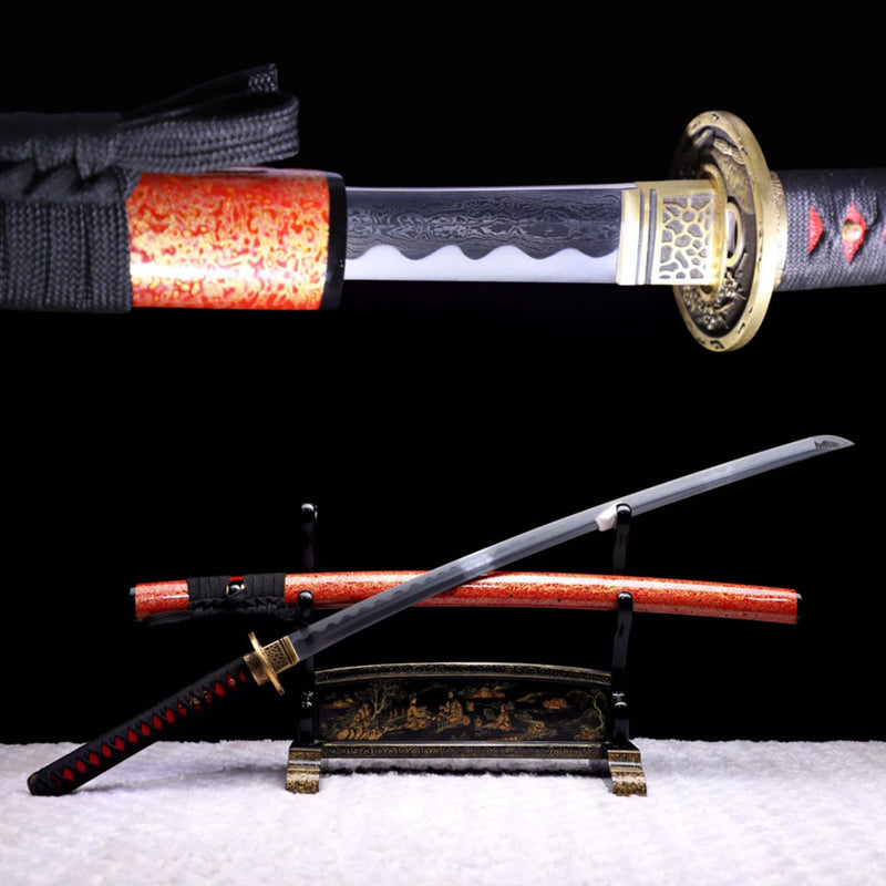 Katana Yuanqie Damascus Folded Orange Saya 沅切 | KatanaSwordArt Katana For Sale