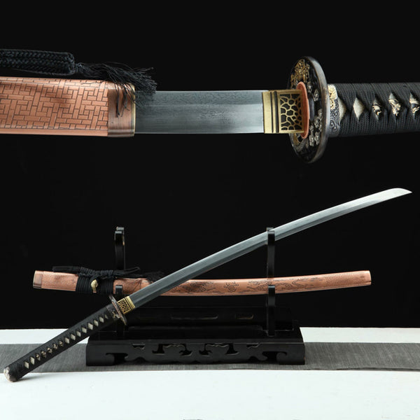 Katana Zhuzi Dragons Damascus Folded Clay Tempered Red Copper Saya 珠紫 | KatanaSwordArt Katana For Sale