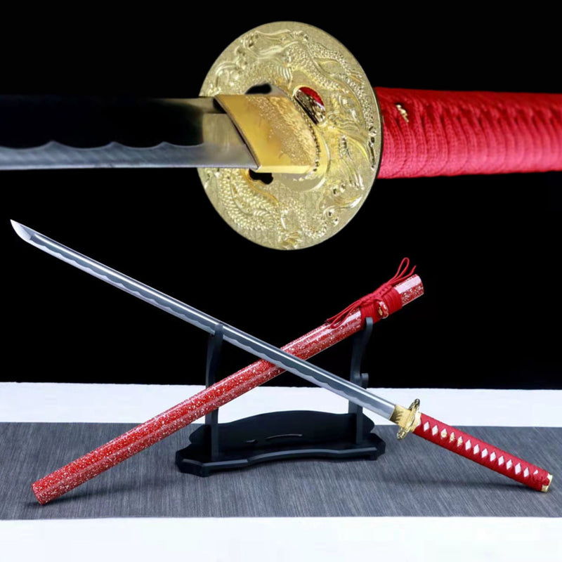 Straight Katana Chunyu High Carbon Steel Red Saya 村雨 | KatanaSwordArt Katana For Sale