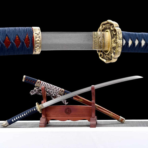 Tachi Sword Fujiwara Damascus Folded Steel Red Saya 藤原 | KatanaSwordArt Katana For Sale