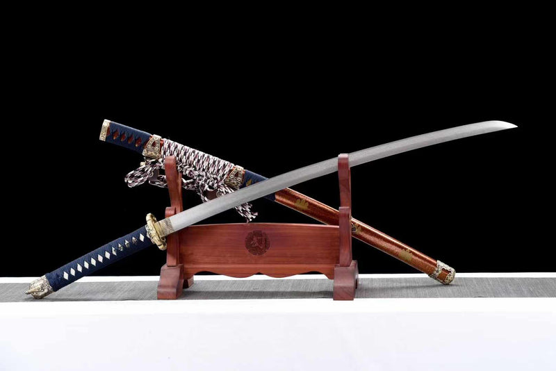 Tachi Sword Fujiwara Damascus Folded Steel Red Saya 藤原 | KatanaSwordArt Katana For Sale