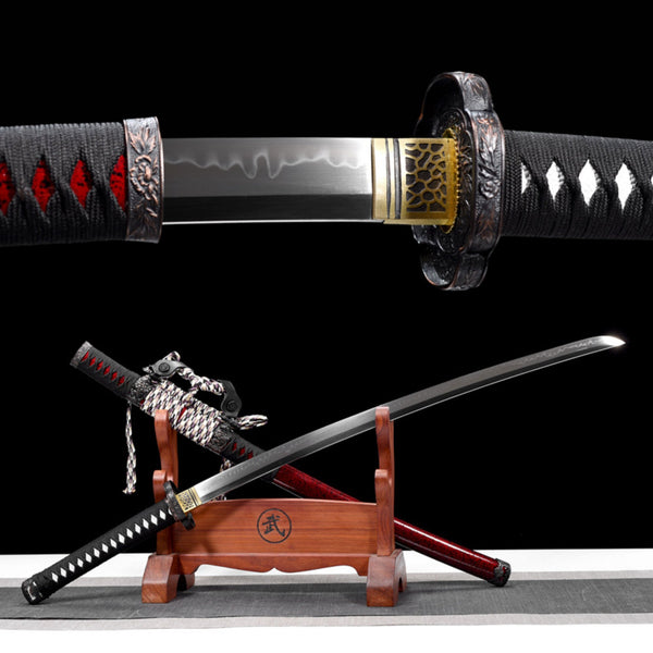 Tachi Sword Kuangshi T10 Clay Tempered Red Saya 狂獅 | KatanaSwordArt Katana For Sale