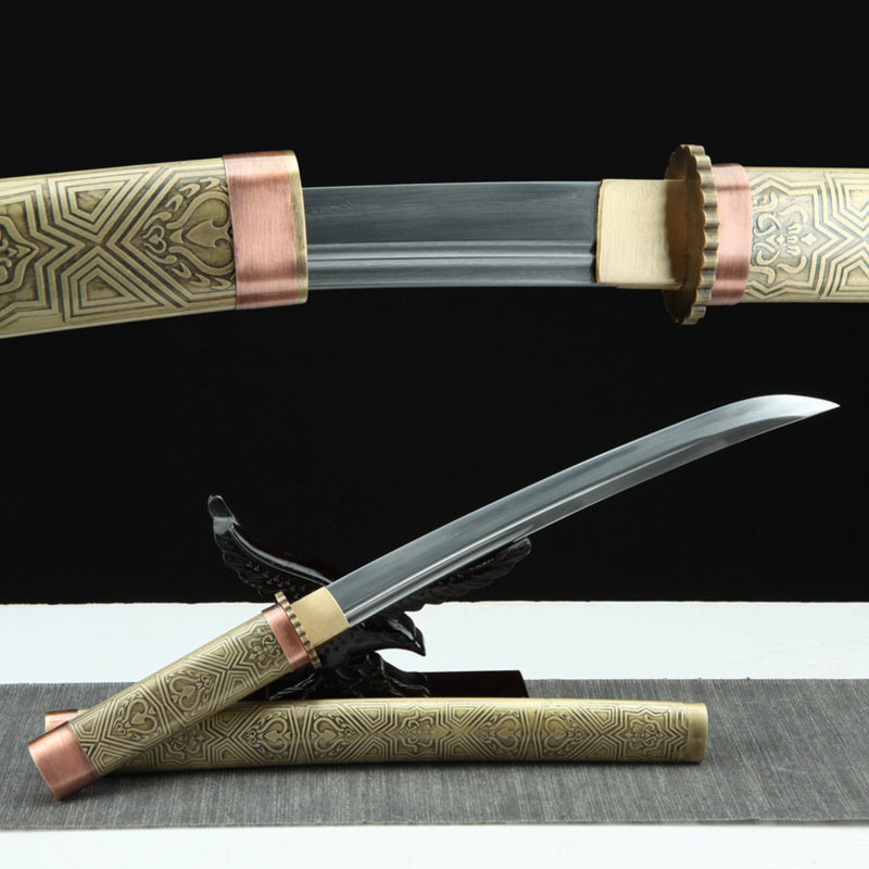 Tanto Sword Wushen Damascus Folded Clay Tempered Brass 武神 | KatanaSwordArt Tanto For Sale