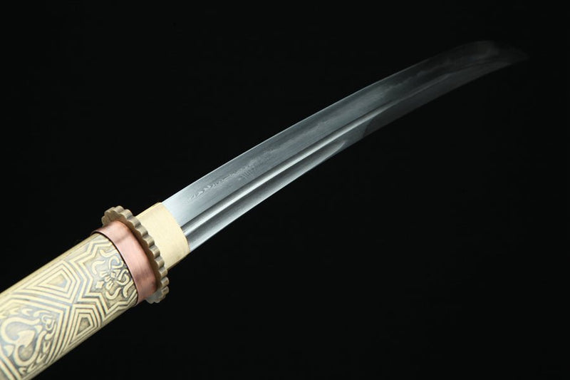 Tanto Sword Wushen Damascus Folded Clay Tempered Brass 武神 | KatanaSwordArt Tanto For Sale