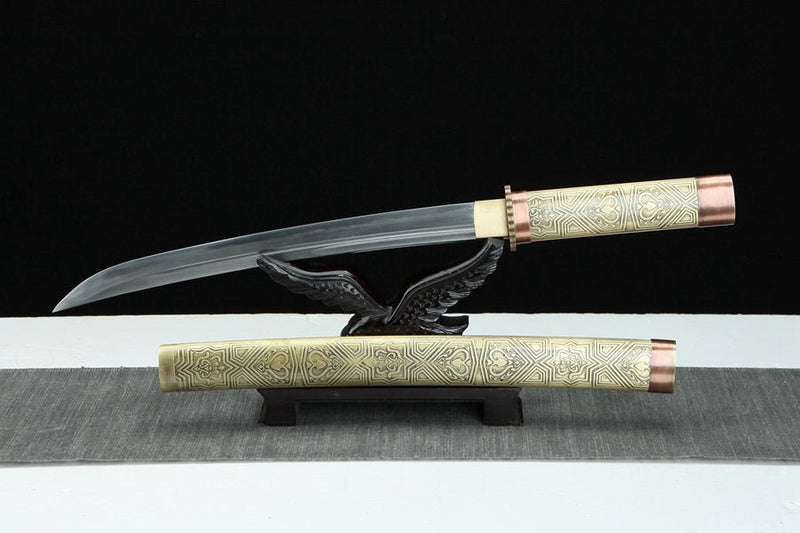 Tanto Sword Wushen Damascus Folded Clay Tempered Brass 武神 | KatanaSwordArt Tanto For Sale