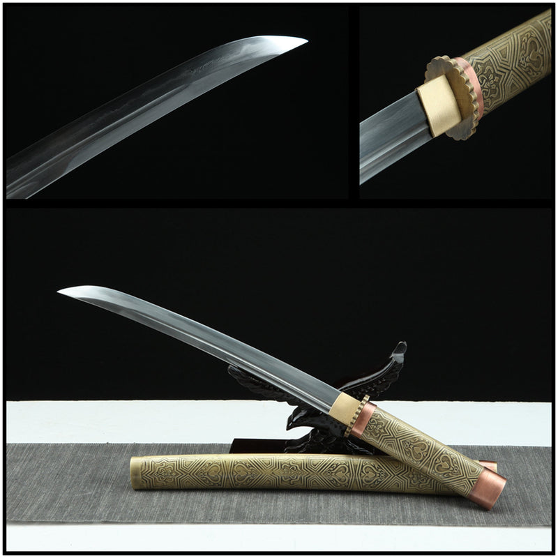 Tanto Sword Wushen Damascus Folded Clay Tempered Brass 武神 | KatanaSwordArt Tanto For Sale