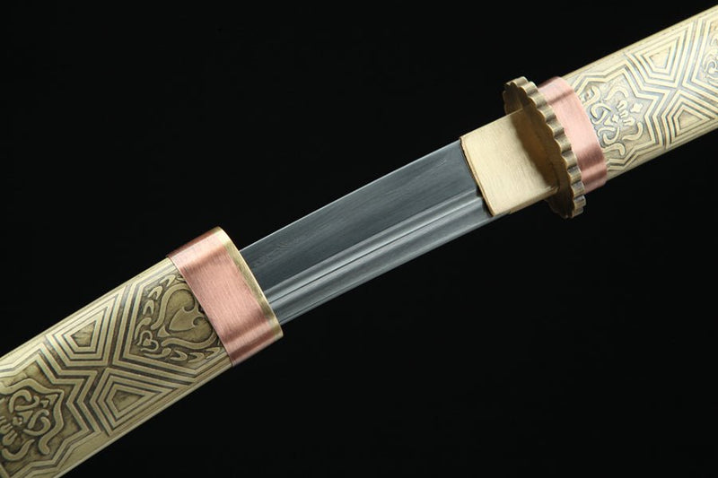 Tanto Sword Wushen Damascus Folded Clay Tempered Brass 武神 | KatanaSwordArt Tanto For Sale