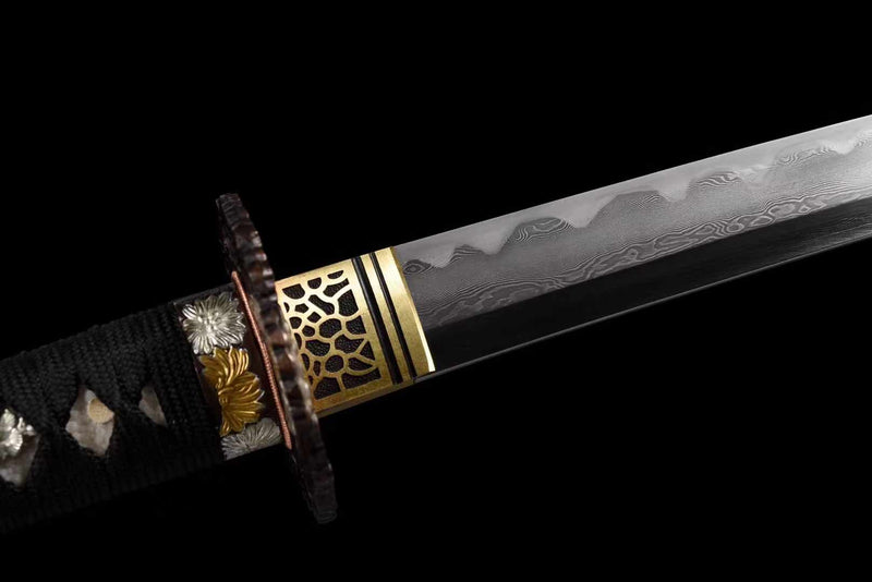 Wakizashi Sword Hua Kai Damascus Folded Clay Tempered 花开 | KatanaSwordArt Wakizashi For Sale