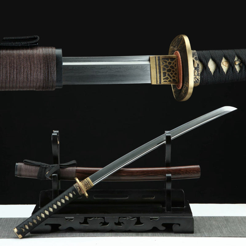 Wakizashi Sword Jiangtai Damascus Folded Clay Tempered 姜太 | KatanaSwordArt Wakizashi For Sale