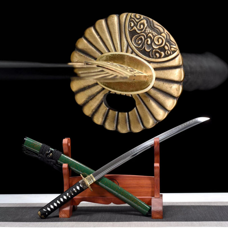 Wakizashi Sword Qinglin T10 Clay Tempered Green Saya 青鱗 | KatanaSwordArt Wakizashi For Sale