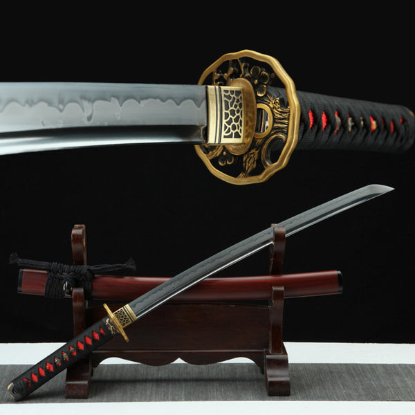 Wakizashi Sword Yanhui T10 Clay Tempered Red Saya 研灰 | KatanaSwordArt Wakizashi For Sale